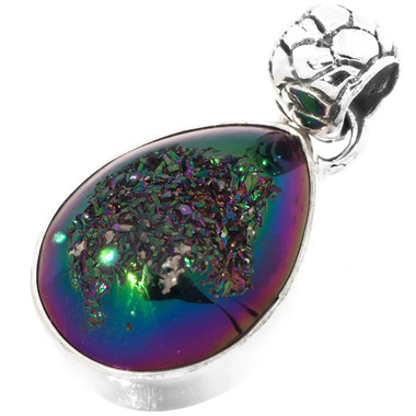 925 Silver Dainty Teardrop Rainbow Titanium Agate Druzy Sterling Pendant, 1 1/8"