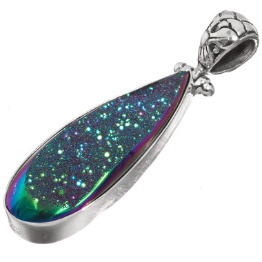925 Silver Window Titanium Green Rainbow Agate Druzy Sterling Pendant, 1 5/8"