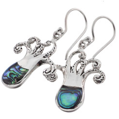 1" ADORABLE OCEAN ANIMAL SQUID OCTOPUS PAUA ABALONE SHELL 925 SILVER earrings