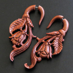 2 3/4" FAKE GAUGE NATURAL WOOD FLOWER HANDCARVED POST earrings