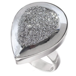 1" Teardrop Pear Silver Mist Titanium Druzy 925 Silver Ring, Size 7