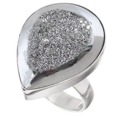 1" Teardrop Pear Silver Mist Titanium Druzy 925 Silver Ring, Size 7