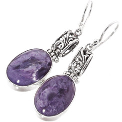 Charoite Filigree 925 Sterling Silver French Wires Earrings, 1 1/4"