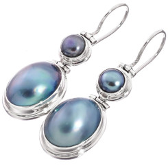 1" BLUE OVAL MABE CULTURED PEARL IRRIDESCENT BIWA PEARL 925 SILVER earrings