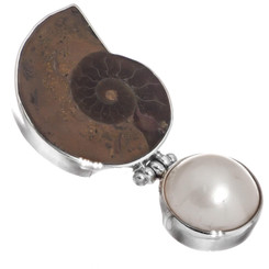 925 Silver Adorable Ammonite Fossil Mabe Pearl Pendant, 1 7/8"