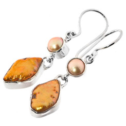 925 Silver Copper Bronze Biwa Freshwater Pearl Sterling Earrings, 3/4"