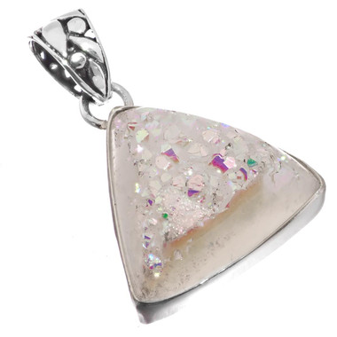 925 Silver White Opal Iridescent Titanium Agate Druzy Sterling Pendant, 11/8""