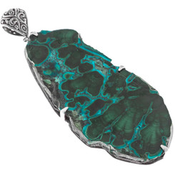 925 Silver Green Malachite in Chrysocolla Stalactite Slice Pendant, 3 3/4"