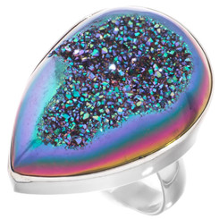 925 Silver Peacock Purple Green Titanium Agate Druzy Pear Adj Sz 7 Ring, 1"