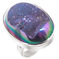 925 Silver Peacock Purple Green Titanium Agate Druzy Drusy Adj Sz 6 Ring, 1"