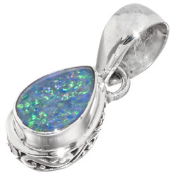 925 Silver Pear Natural Australian Opal In Sterling Scroll Teardrop Pendant, 1"