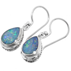 925 Silver Pear Natural Australian Opal Filigree Pear Teardrop Earrings, 1/2"