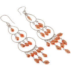 925 Silver Peach Gold Cultured Freshwater Pearls Chandelier Drop Earrings, 3"