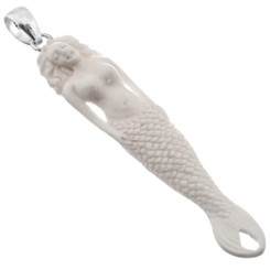 925 Silver Siren Mermaid Nereid Water Nymph Bison Bone Sterling Pendant, 3"