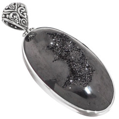 925 Silver Oval Black Titanium Agate Druzy Drusy Sterling Pendant, 2 1/2"