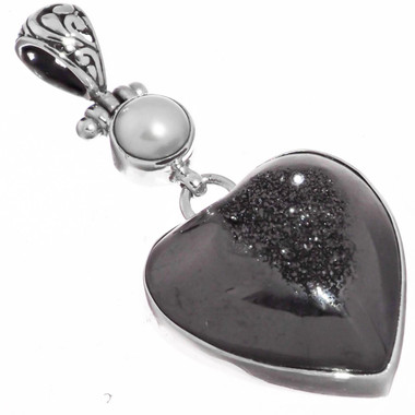 925 Silver Black Titanium Druzy Freshwater Pearl Sterling Pendant, 1 3/4"