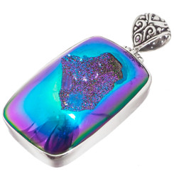 925 Silver Peacock Purple Green Titanium Agate Druzy Sterling Pendant, 1 3/4"