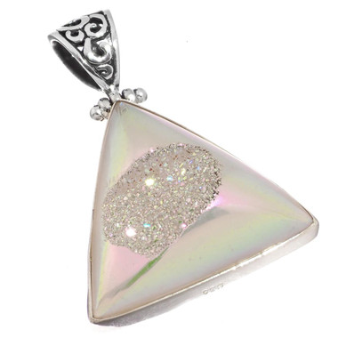 925 Silver Iridescent White Opal Titanium Agate Druzy Sterling Pendant, 1 5/8"