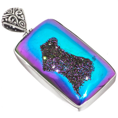925 Silver Peacock Purple Green Titanium Druzy Drusy Sterling Pendant, 2 1/2"