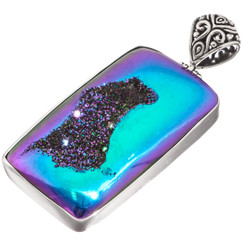 925 Silver Peacock Purple Green Titanium Druzy Drusy Sterling Pendant, 2 1/2"