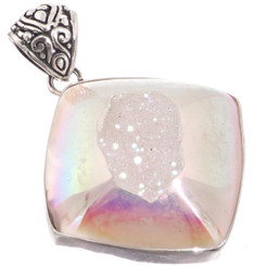 925 Silver Opal White Iridescent Titanium Agate Druzy Sterling Pendant, 1 3/4"