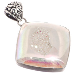 925 Silver Opal White Iridescent Titanium Agate Druzy Sterling Pendant, 1 3/4"