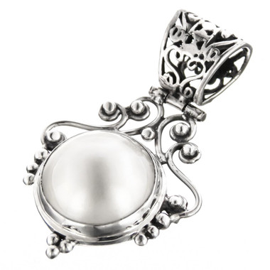 925 Silver Lusterous White Mabe Pearl Sterling Pendant, 1 5/8"