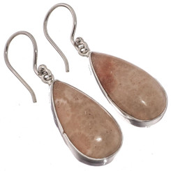 925 Silver Teardrop Flower Pattern Fossil Coral Sterling Pear Earrings, 7/8"