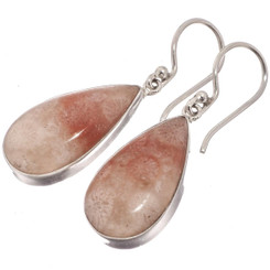 925 Silver Teardrop Flower Pattern Fossil Coral Sterling Pear Earrings, 7/8"