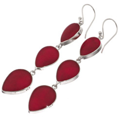 925 Silver Sterling Pear Teardrop Red Coral Dangle Drop Earrings, 2"