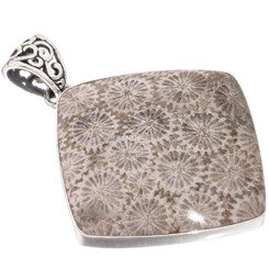 925 Silver Big Fossil Coral Flower Pattern Sterling Pendant, 1 9/16"