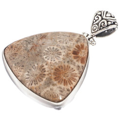 925 Silver Big Genuine Flower Pattern Fossil Coral Trillion Sterling Pendant, 2"