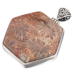925 Silver Flower Pattern Genuine Fossil Coral Sterling Pendant, 2"