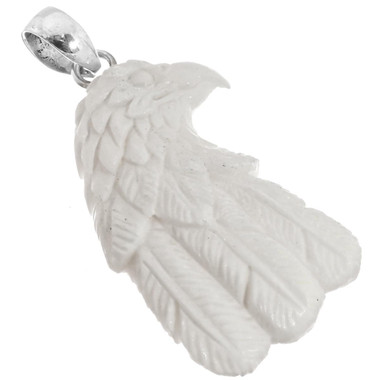 925 Silver Hand Carving Eagle Head Bison Bone Bovine Sterling Pendant, 1 1/4"