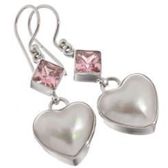 925 Silver White Mabe Ocean Pearl Heart Pink Quartz Sterling Earrings, 1"