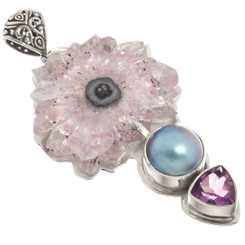 925 Silver Big Amethyst Quartz Crystal Slice Blue Mabe Pearl Pendant, 3 5/8"