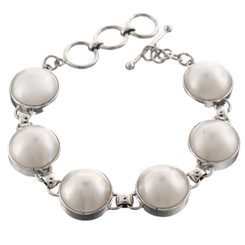 925 Silver 6 Link Pacific Ocean Genuine White Mabe Pearl Sterling Bracelet
