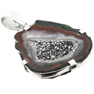925 Silver Mexican Geode Mist Titanium Druzy Sterling Pendant, 1 1/2"