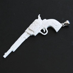 925 Silver Cool Wild West Colt Pistol Gun Bison Bone Carving Pendant, 3 1/4"