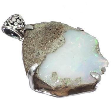 Genuine Ethiopian Opal Rough Color Flash 925 Sterling Silver Pendant, 1 3/4"