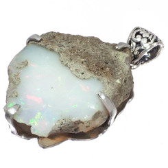 Genuine Ethiopian Opal Rough Color Flash 925 Sterling Silver Pendant, 1 3/4"