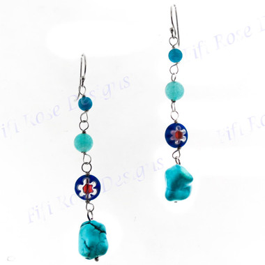 1 15/16" Sterling Silver Glass Beads Turquoise French Drop Earrings