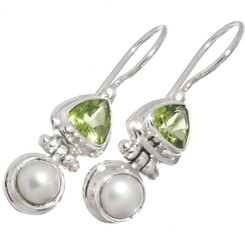 925 Silver Dainty White Freshwater Pearl Peridot Trillion Sterling Earrings, 1"