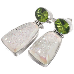 Iridescent White Titanium Agate Druzy Peridot 925 Sterling Silver Stud Earrings, 1"