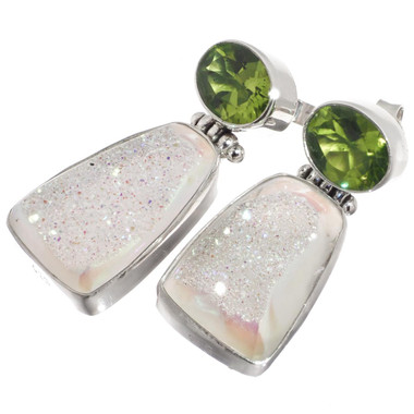 Iridescent White Titanium Agate Druzy Peridot 925 Sterling Silver Stud Earrings, 1"