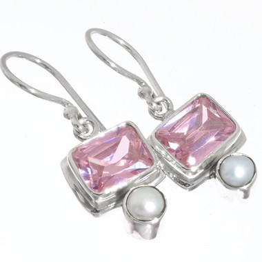 925 Silver Freshwater Button Pearl Pink Quartz Sterling Drop Earrings, 5/8"