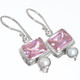 925 Silver Freshwater Button Pearl Pink Quartz Sterling Drop Earrings, 5/8"