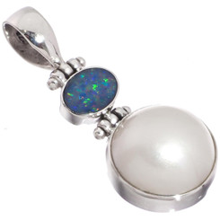 925 Silver White Mabe Pearl Australian Opal Sterling Pendant, 1 3/8"