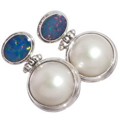 925 Silver Australian Opal White Mabe Ocean Pearl Sterling Stud Earrings, 1"