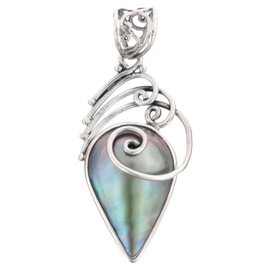 925 Silver South Pacific Cultured Blue Mabe Pearl Sterling Pendant, 1 5/8"